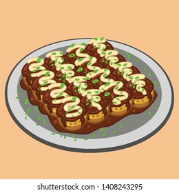 Takoyaki with spicy  sauce, mayonnaise, and leek slices.