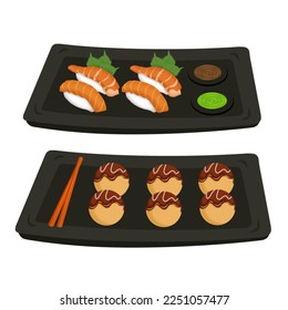 Takoyaki and sushi are Japanese specialties, served on serving plates. Japanese traditional food. Vector illustration. Isolated on white background. 