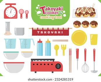 Utensilios Takoyaki y conjunto de ilustraciones takoyaki.Ilustración vectorial.