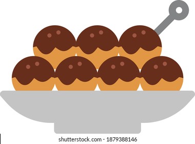 Takoyaki Vector Icon in Flat Style. Takoyaki or octopus balls is a ball-shaped Japanese snack. Vector illustration icon can be used for an app, website, or part of a logo.