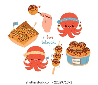 El vector Takoyaki puso comida asiática. Típico takoyaki sobre fondo blanco. Espacio libre para el texto.