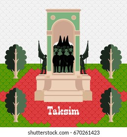 Taksim Republic Monument in Taksim square. Historical and touristic sign of Istanbul, Turkey. Modern flat design. Concept of banner, flyer or invitation Vector illustration. 