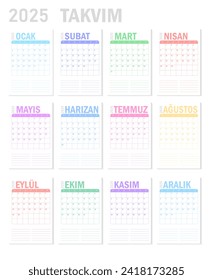 Takvim 2025, Calendar 2025 in turkish language. Week starts of Monday. White background.	