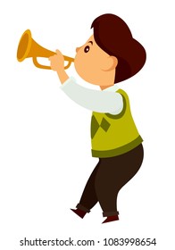 Talanted little child plays on small golden trumpet