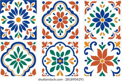 Talavera Ceramic Tile Pattern Collection with Colorful Floral Ornaments