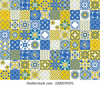 TalaVera de Puebla or azulejo ceramic tile pattern, spanish portuguese wall decoration style, many decorative square tiles, vector illustration yellow blue white indigo color