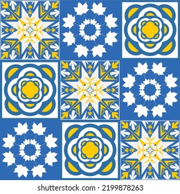 TalaVera de Puebla blue yellow ceramic tile, spanish pattern for ceramic tile design, vector illustration