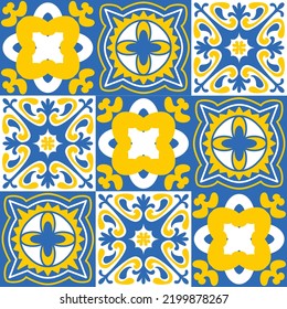 TalaVera de Puebla blue yellow ceramic tile, spanish portuguese traditional pattern for wall and ceramic tile design, vector illustration