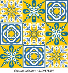 TalaVera de Puebla blue yellow ceramic tile, spanish portuguese traditional pattern for wall and ceramic tile design, vector illustration