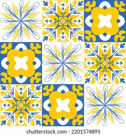 TalaVera de Puebla blue yellow ceramic tile, spanish portuguese traditional pattern for wall and ceramic tile design, vector illustration