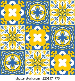 TalaVera de Puebla blue yellow ceramic tile, spanish portuguese traditional pattern for wall and ceramic tile design, vector illustration