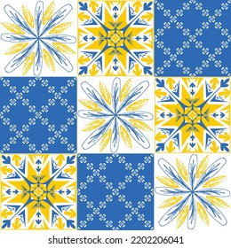 TalaVera de Puebla blue yellow ceramic tile, spanish portuguese traditional pattern for wall and ceramic tile design, vector illustration