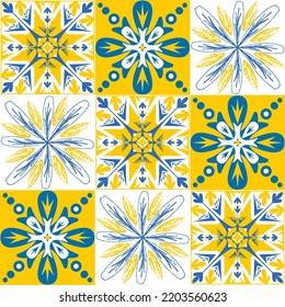 TalaVera de Puebla blue yellow ceramic tile, spanish pattern for wall and ceramic tile design, vector illustration