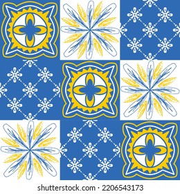 TalaVera de Puebla blue yellow ceramic tile, spanish portuguese traditional pattern for wall and ceramic tile illustration