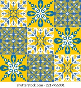 TalaVera de Puebla blue yellow ceramic tile, spanish pattern for wall and ceramic tile design, vector illustration