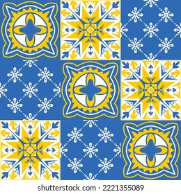 TalaVera de Puebla blue yellow ceramic tile, spanish portuguese traditional pattern for wall and ceramic tile illustration