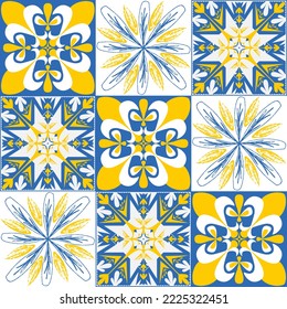 TalaVera de Puebla blue yellow ceramic tile, spanish portuguese traditional pattern for wall and ceramic tile design, vector illustration