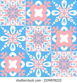 TalaVera de Puebla ceramic portuguese tiles, pastel seamless pattern for decorating walls and floors, design for girls pink blue white