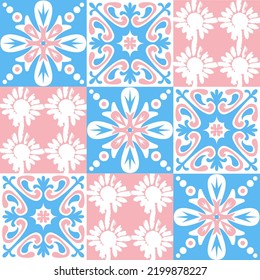 TalaVera de Puebla ceramic portuguese tiles, pastel seamless pattern for decorating walls and floors, vector illustration ceramic tile design for girls pink blue white