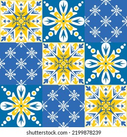 TalaVera de Puebla ceramic portuguese tiles yellow blue white indigo, seamless pattern for decorating walls