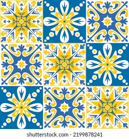 TalaVera de Puebla ceramic portuguese tiles yellow blue white indigo, seamless pattern for decorating walls and floors, design