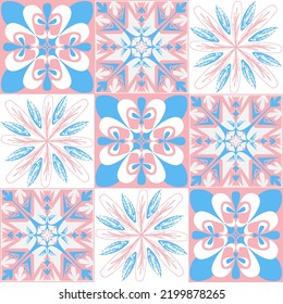 TalaVera de Puebla ceramic portuguese tiles, pastel seamless pattern, vector illustration ceramic tile design for girls pink blue white