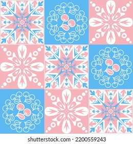 TalaVera de Puebla ceramic portuguese tiles, pastel seamless pattern for decorating walls and floors, design for girls pink blue white