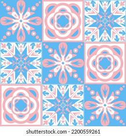 TalaVera de Puebla ceramic portuguese tiles, pastel seamless pattern for decorating walls and floors, vector illustration ceramic tile design for girls pink blue white