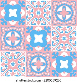 TalaVera de Puebla ceramic portuguese tiles, pastel seamless pattern for decorating walls and floors, vector illustration ceramic tile design for girls pink blue white