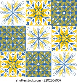 TalaVera de Puebla ceramic portuguese tiles yellow blue white indigo, seamless pattern for decorating walls and floors, vector illustration ceramic tile design