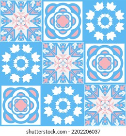 TalaVera de Puebla ceramic portuguese tiles, pastel seamless pattern for decorating walls and floors, vector illustration ceramic tile design for girls pink blue white