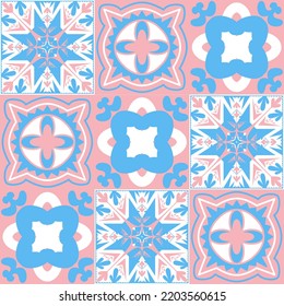 TalaVera de Puebla ceramic portuguese tiles, pastel seamless pattern for decorating walls and floors, vector illustration ceramic tile design for girls pink blue white