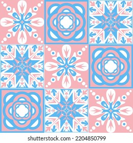 TalaVera de Puebla ceramic portuguese tiles, pastel seamless pattern for decorating walls and floors, ceramic tile design for girls pink blue white