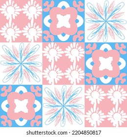 TalaVera de Puebla ceramic portuguese tiles, pastel seamless pattern for decorating walls and floors, vector illustration ceramic tile design for girls pink blue white