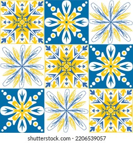 TalaVera de Puebla ceramic portuguese tiles yellow blue white indigo, seamless pattern for decorating walls and floors, vector illustration