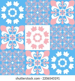 TalaVera de Puebla ceramic portuguese tiles, pastel seamless pattern, vector illustration ceramic tile design for girls pink blue white