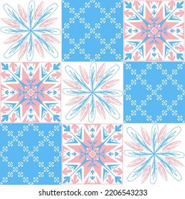 TalaVera de Puebla ceramic portuguese tiles, pastel seamless pattern, vector illustration ceramic tile design for girls pink blue white