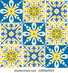 TalaVera de Puebla ceramic portuguese tiles yellow blue white indigo, seamless pattern for decorating walls and floors, vector illustration