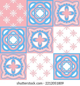 TalaVera de Puebla ceramic portuguese tiles, pastel seamless pattern for decorating walls and floors, design for girls pink blue white