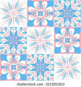 TalaVera de Puebla ceramic portuguese tiles, pastel seamless pattern for decorating walls and floors, vector illustration ceramic tile design for girls pink blue white