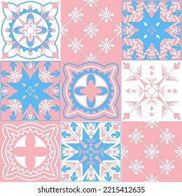 TalaVera de Puebla ceramic portuguese tiles for decorating walls and floors, vector illustration ceramic tile design for girls pink blue white