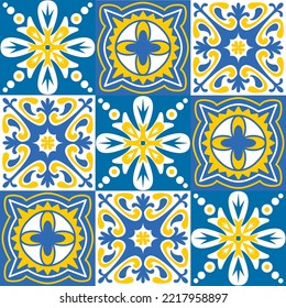 TalaVera de Puebla ceramic portuguese tiles yellow blue white indigo, seamless pattern for decorating walls and floors, design