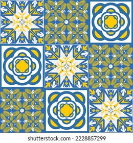 TalaVera de Puebla ceramic portuguese tile, seamless pattern for decorating walls and floors, ceramic tile design vector illustration