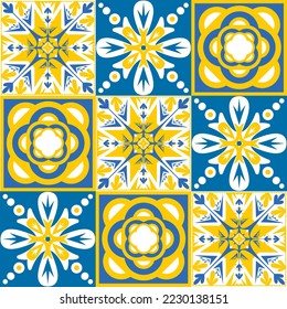 TalaVera de Puebla ceramic portuguese tiles yellow blue white indigo, seamless pattern for decorating walls and floors, vector illustration