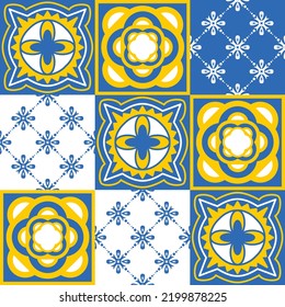 TalaVera de Puebla ceramic tile yellow blue white indigo colors, spanish portuguese traditional pattern for wall and ceramic tile design, vector illustration