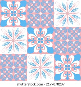 TalaVera de Puebla ceramic tile, traditional spanish portuguese pattern for wall and ceramic tile design, pink blue white illustration