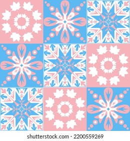 TalaVera de Puebla ceramic tile, traditional spanish portuguese pattern for wall and ceramic tile design, pink blue white illustration