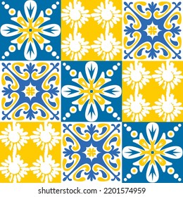 TalaVera de Puebla ceramic tile yellow blue white indigo colors, spanish portuguese traditional pattern vector illustration