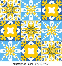 TalaVera de Puebla ceramic tile yellow blue white indigo colors, spanish portuguese traditional pattern for wall and ceramic tile design, vector illustration