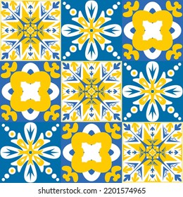 TalaVera de Puebla ceramic tile yellow blue white indigo colors, spanish portuguese traditional pattern for wall and ceramic tile design, vector illustration